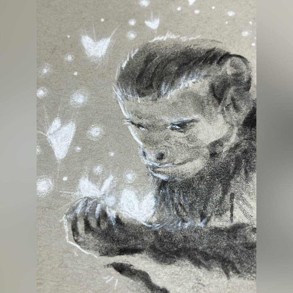 Original Monkey painting capuchin art Charcoal pastel Butterflies handmade USA - Picture 4 of 7
